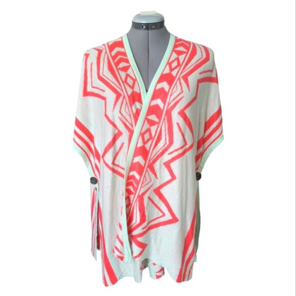 LETHERBE Sweaters - Wrap Boho Aztec Print Cardigan Size Medium Coral Pink and Mint Green